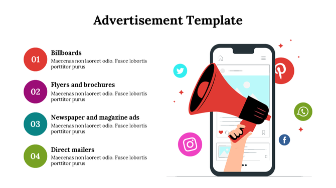 Advertisement template with sections for billboards, flyers, magazine ads, and mailers, accompanied by a hand holding.
