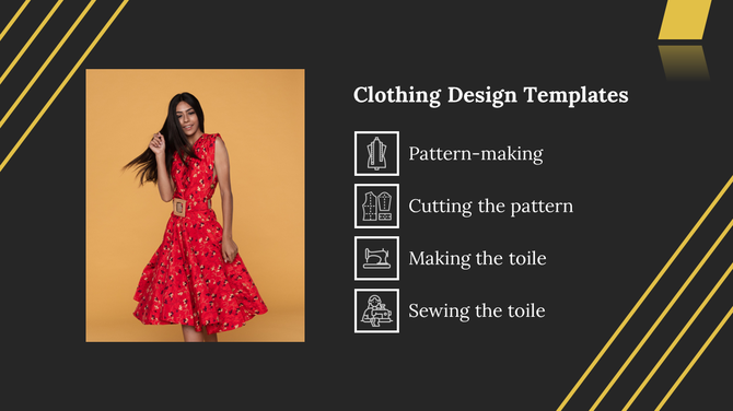 Model wearing a red dress stands on the left, with clothing design steps and sewing icons on the right.