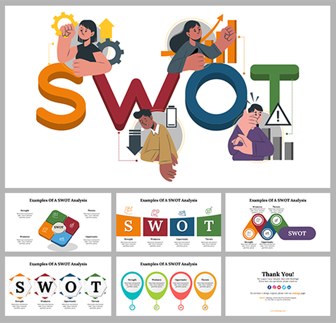 Infographic grid with examples of SWOT analysis, including illustrated people and designs highlighting the four key areas.