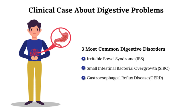 Clinical slide on digestive problems, illustrating a person with stomach pain and a list of common digestive disorders.