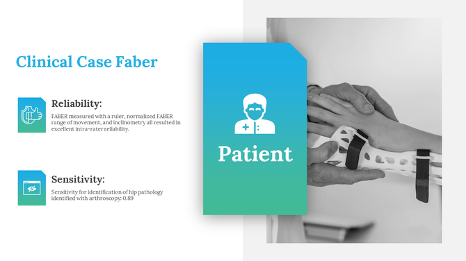 Clinical case slide featuring reliability and sensitivity information, with an image of a patient receiving care.