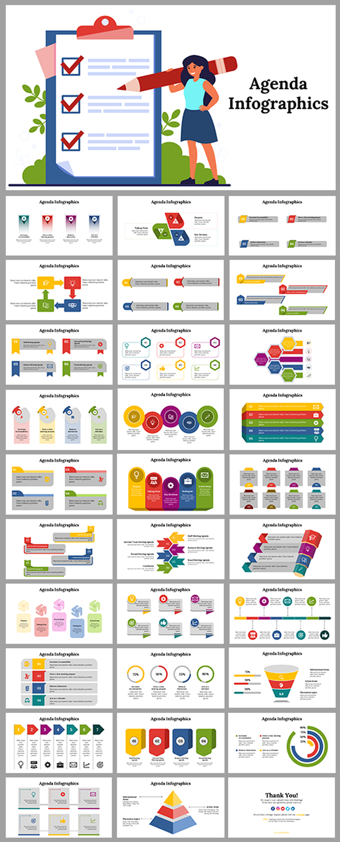 Collection of colorful agenda infographics slides with various designs including checklists and timeline visuals.