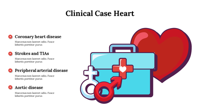 Clinical case slide on heart related diseases, featuring an illustration of a medical kit with a heart and symbols.