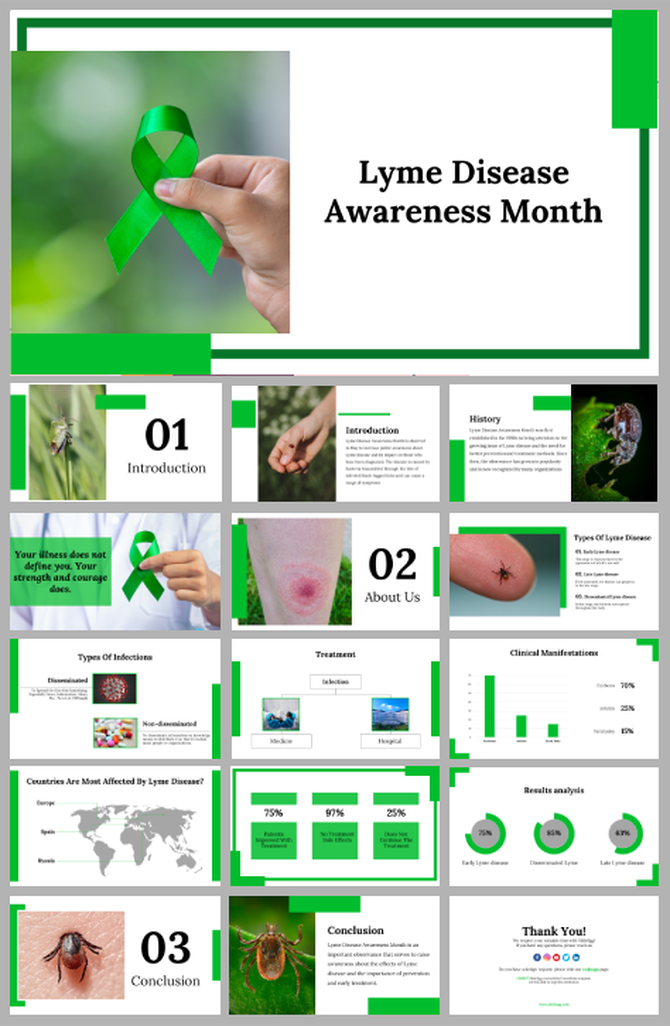 Lyme disease awareness month slide deck featuring a hand holding a green awareness ribbon on the left, with the title text.
