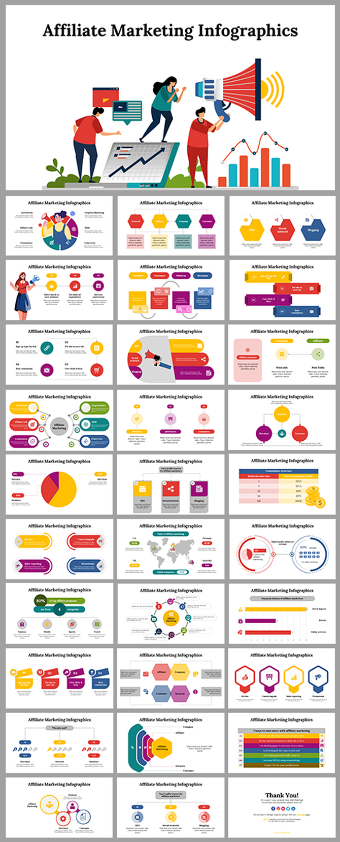Collection of infographic slides for affiliate marketing, showcasing data, charts, and figures in a colorful presentation.