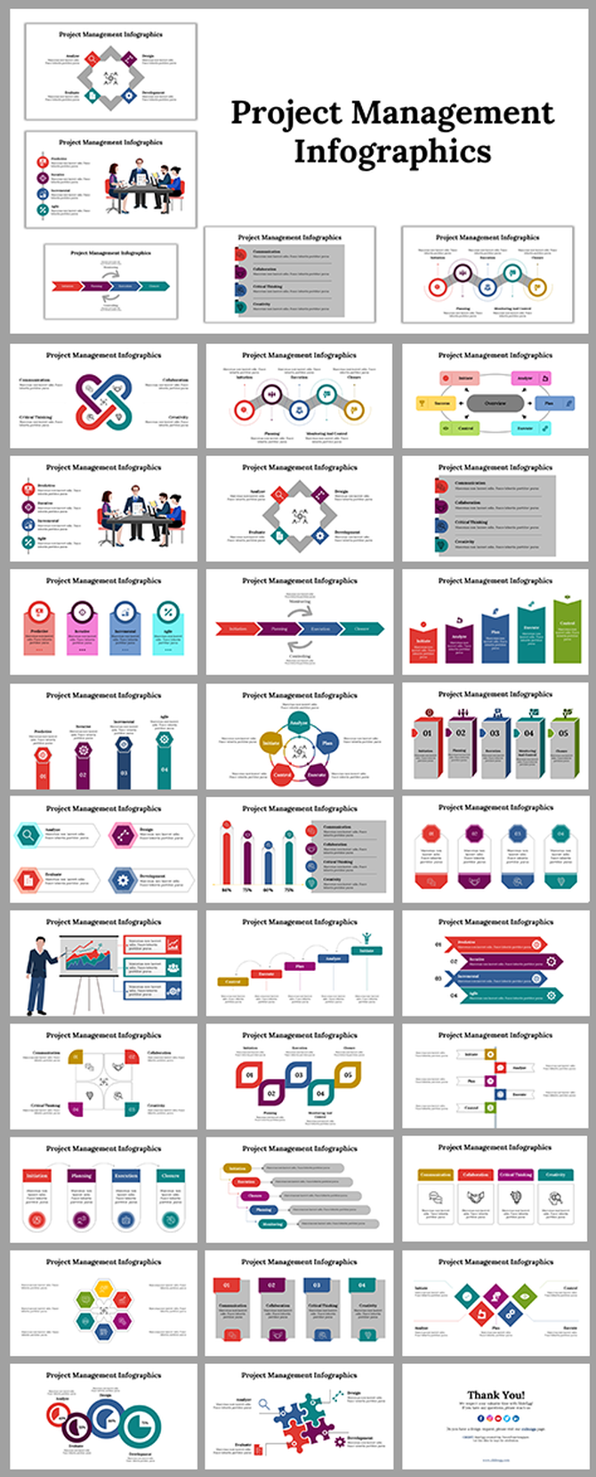 Slide deck showcasing project management infographics with diverse shapes, timelines, and organizational elements.