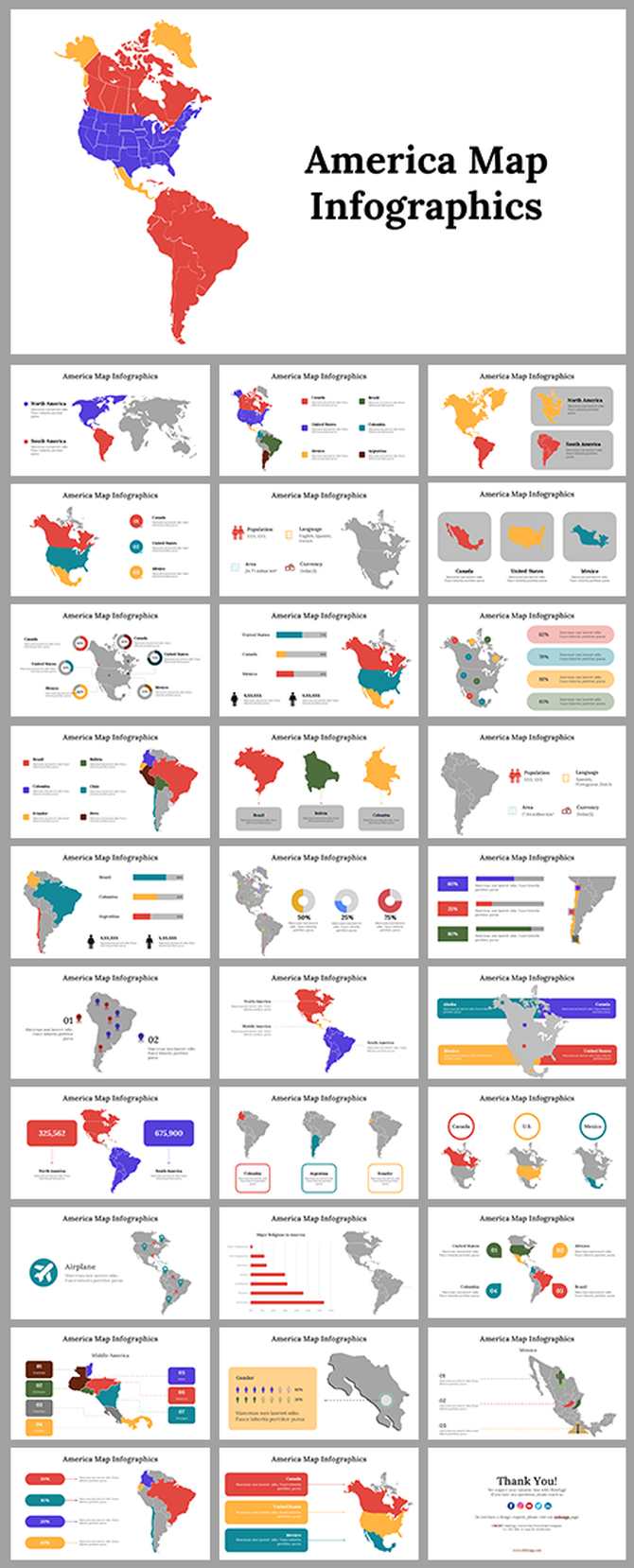 Infographic slides on America with maps, charts, and icons, covering regional data and insights across multiple countries.
