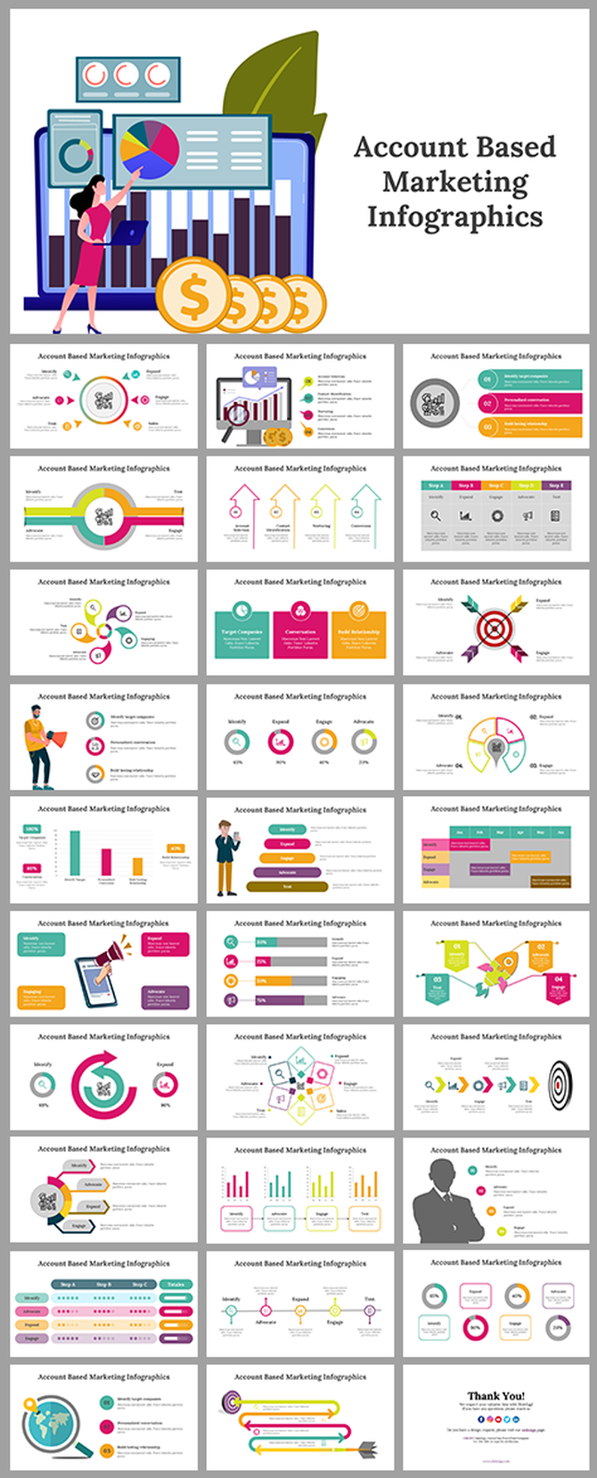 Collection of account based marketing infographic templates featuring charts and colorful business illustrations.