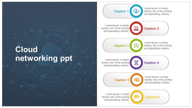 Slide showcasing cloud networking with a digital cloud graphic and a structured list of six steps with matching icons.