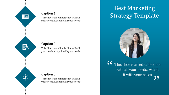 Three step marketing strategy template featuring icons and captions, with a photo and quote on a blue background.
