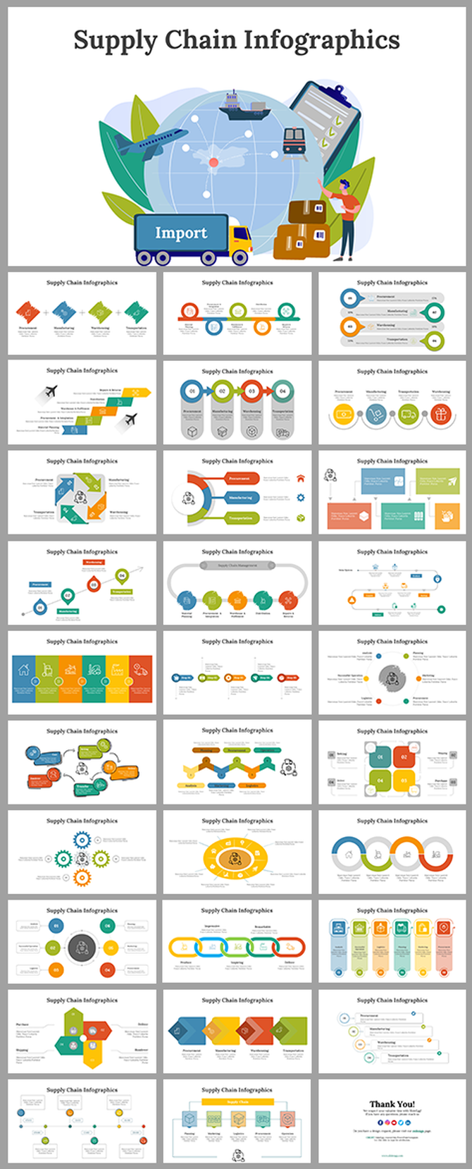 Supply chain template with different infographic styles, including timelines, process flows, and charts.