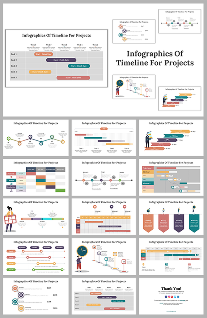 Slide deck showcasing project timelines featuring various layouts like Gantt charts and circular progress diagrams.