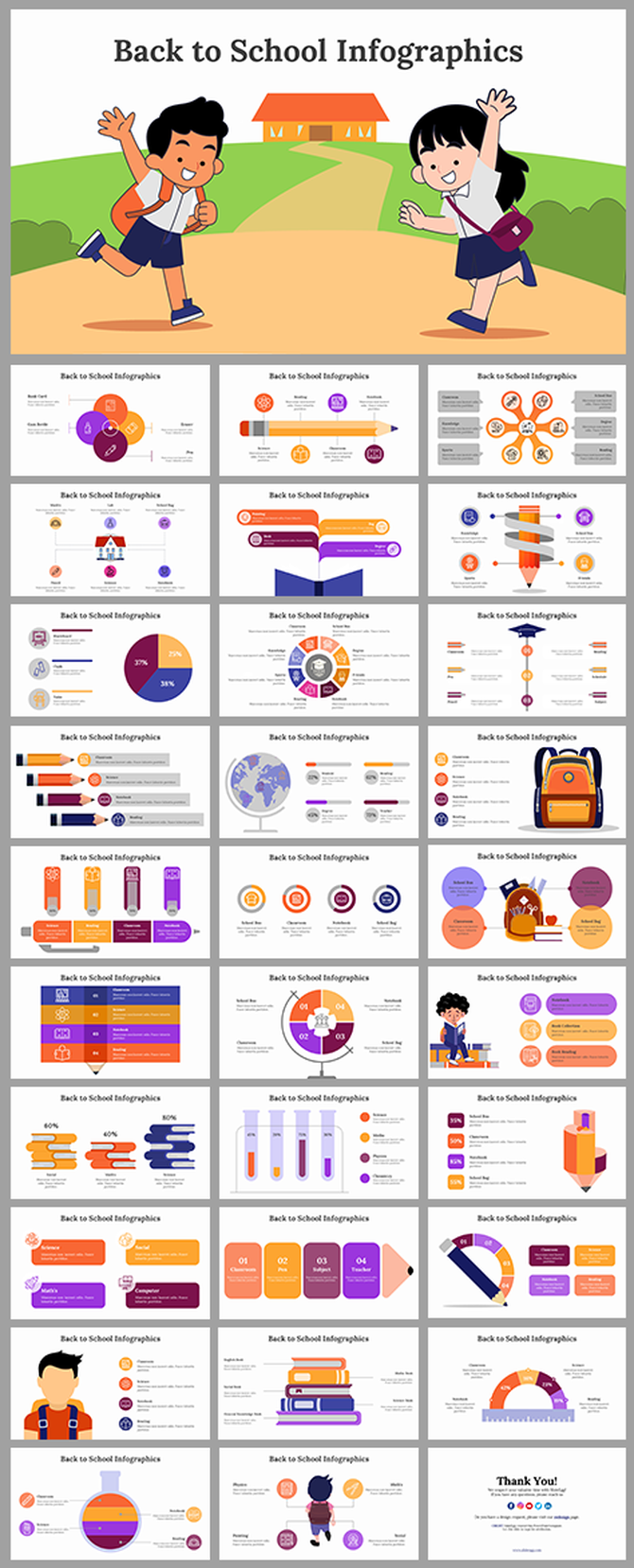 Colorful back to school infographic slides featuring children and various educational statistics, charts, and illustrations.