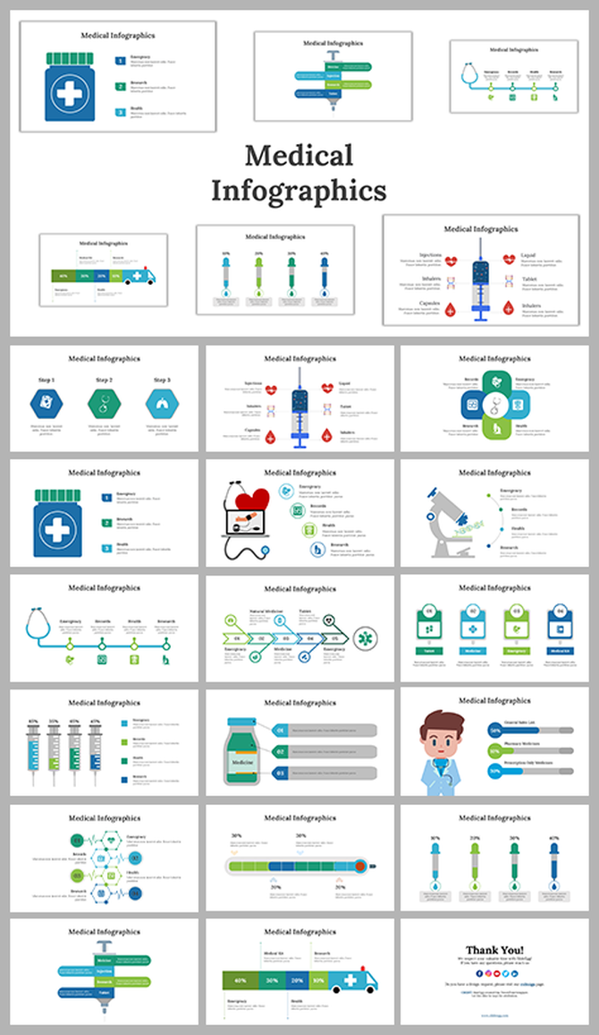 Slide deck featuring icons of syringes, medicine bottles, and heart graphics to illustrate medical processes and statistics.