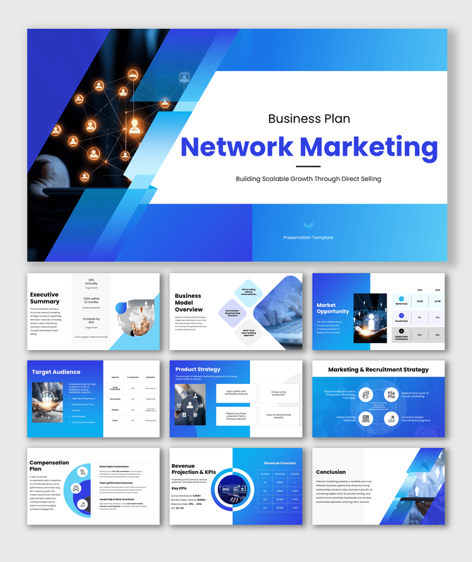 Network marketing business plan PPT covering strategy, recruitment, growth, KPIs, and revenue projections.