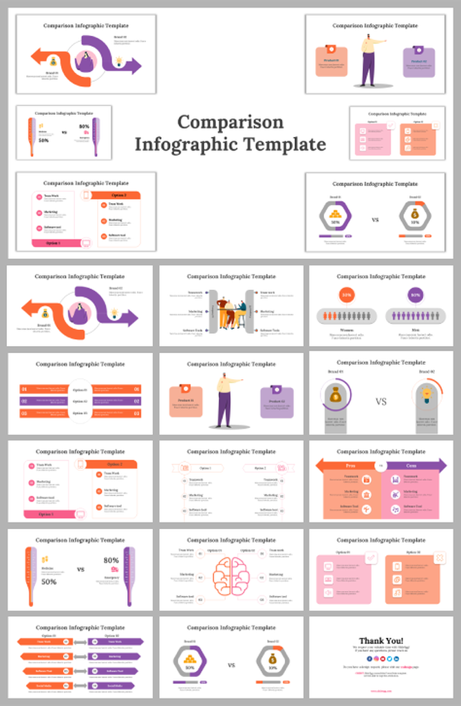 Comparison slide deck featuring different visual formats like arrows, charts, and hexagons to compare two products.