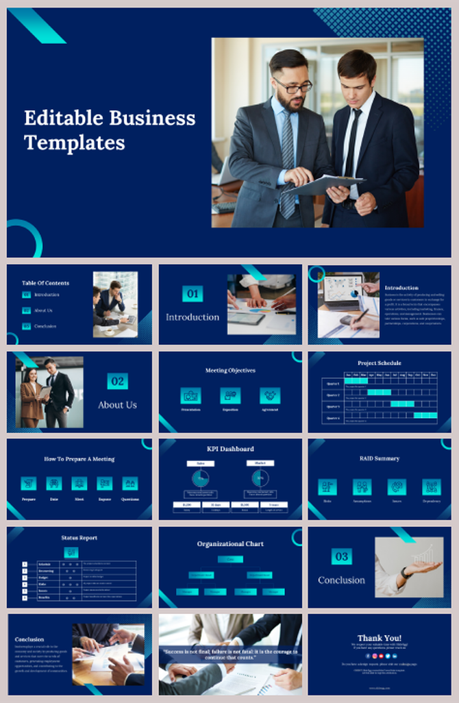 Business template featuring project schedules, dashboards, status tables, and professional imagery on navy blue layouts.