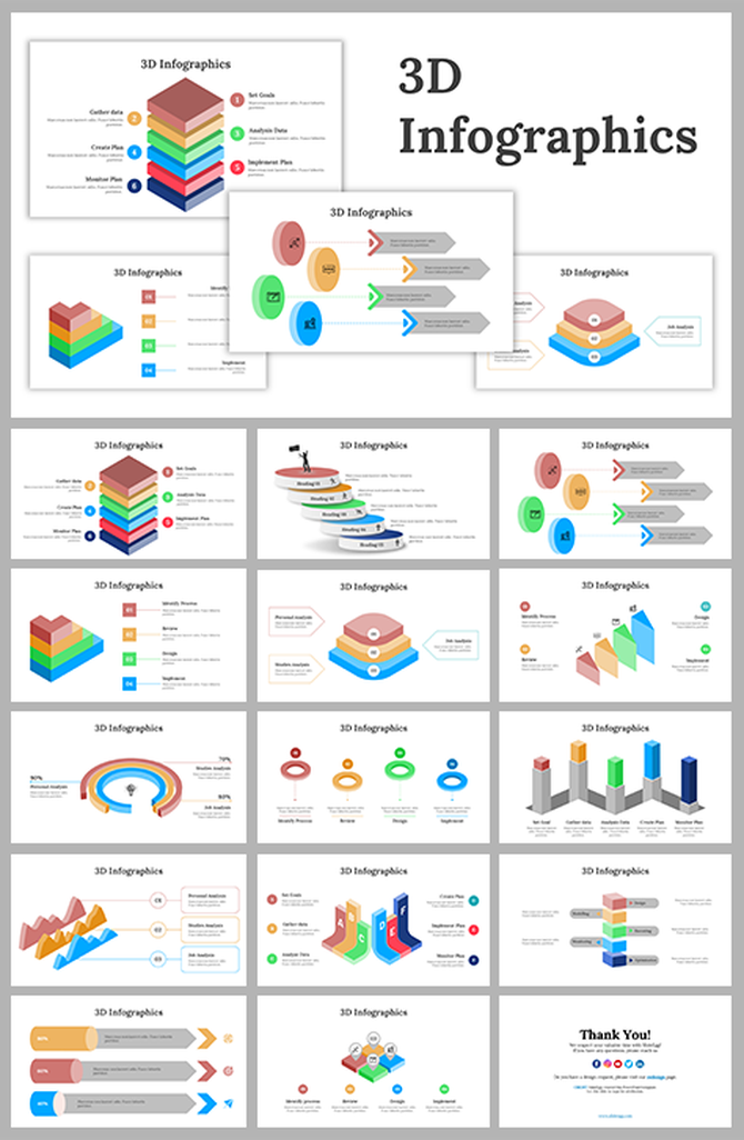 3D infographic templates with stacked layers, circular steps, and column bars in vibrant colors on white backgrounds.