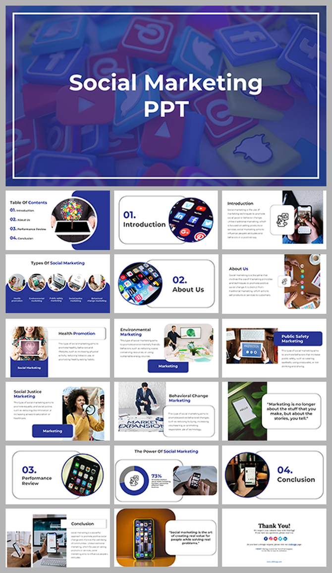 Slide deck in purple and white theme, with rounded images, and colorful icons of social media platforms in the background.