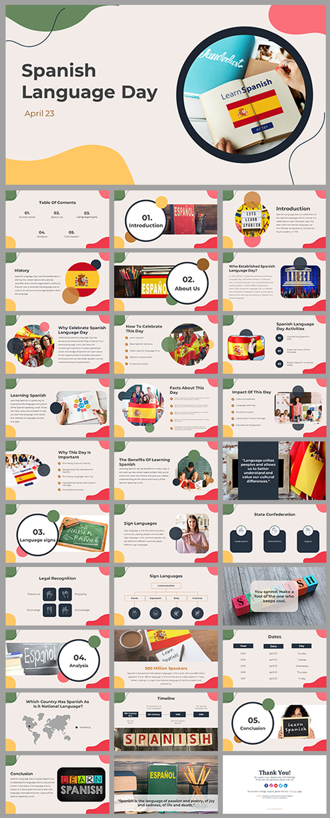 Slide deck featuring flags, maps, and colorful shapes, discussing the significance of Spanish language day.
