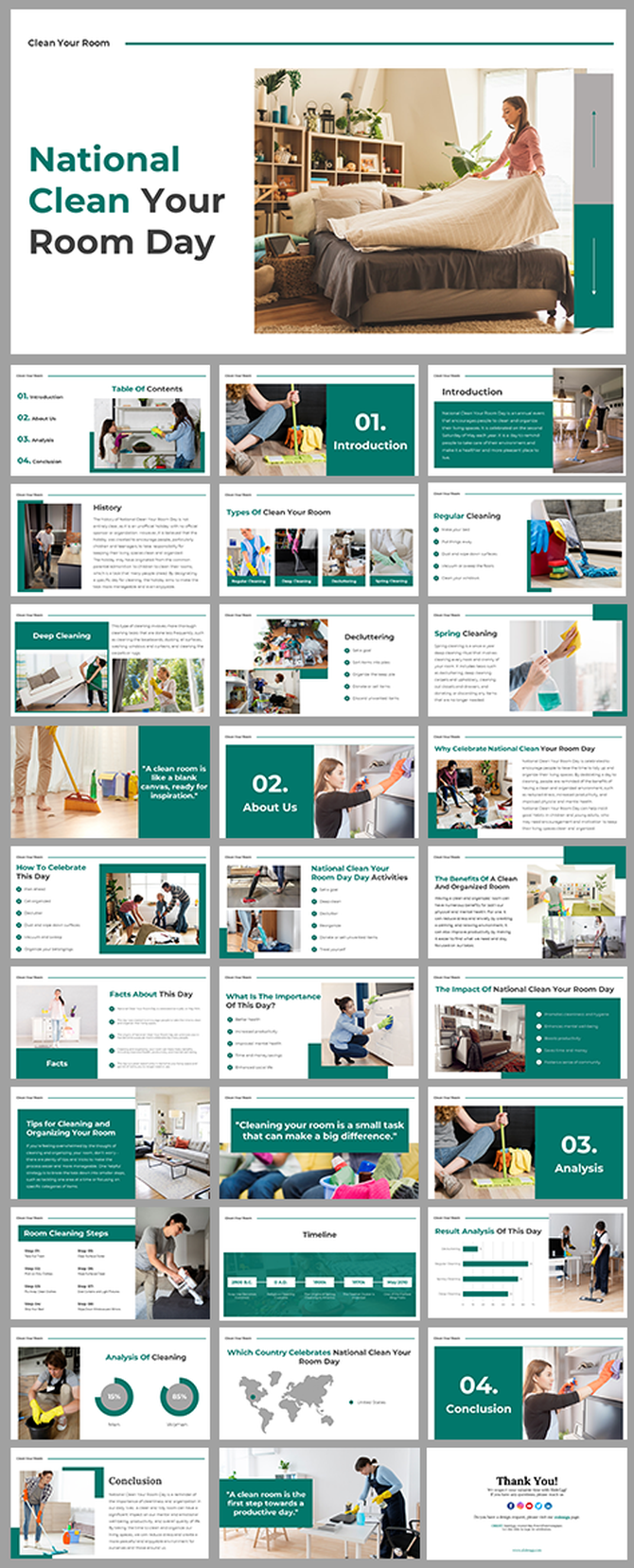 Clean your room day slide deck with teal accents, discussing types, tips, benefits, and global observance.