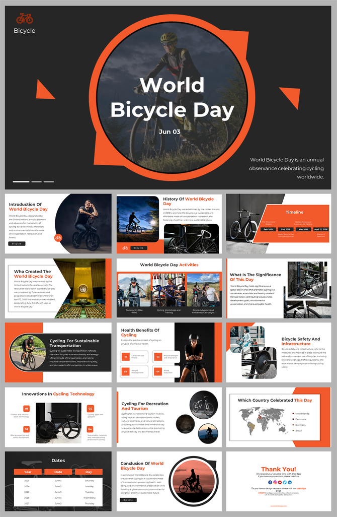 Modern world bicycle day slide deck emphasizing global celebrations, cycling innovation, and community events.