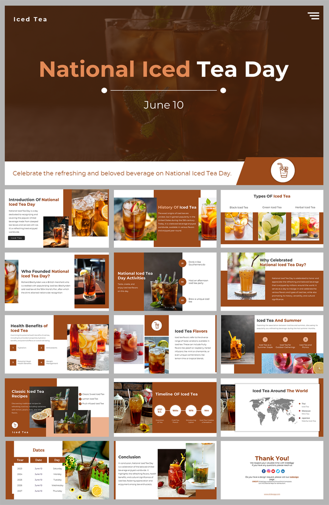 Slide deck showcasing iced tea in various styles, with timeline, flavor options, and placeholder text areas.