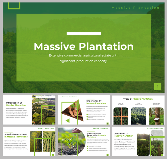 Slide deck with green theme, featuring images of plantations and information on sustainable practices and types.
