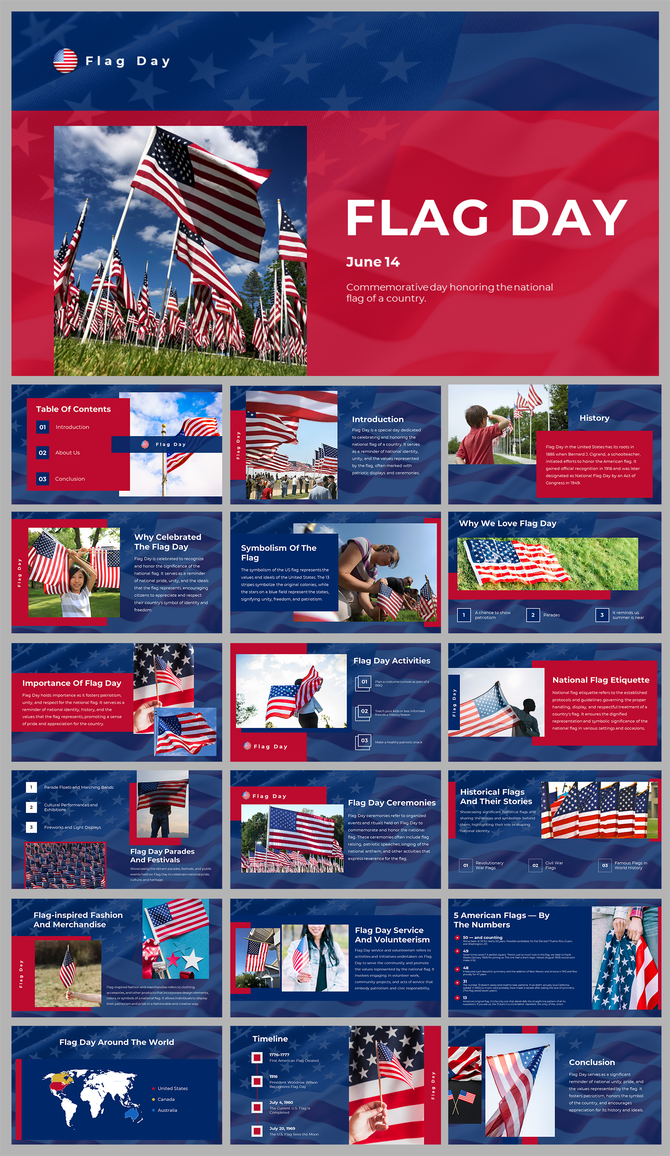 Slide deck featuring red, white, and blue color scheme, showcasing images of flags and celebratory content.