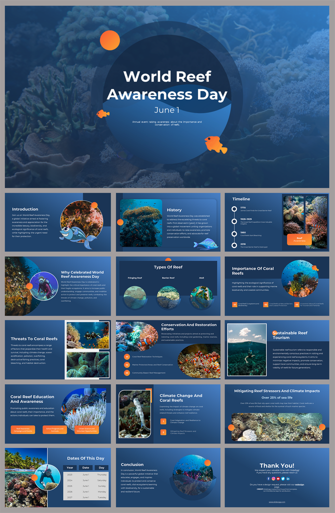 Slide deck with ocean themed background featuring coral conservation, reef types, and climate change impacts.