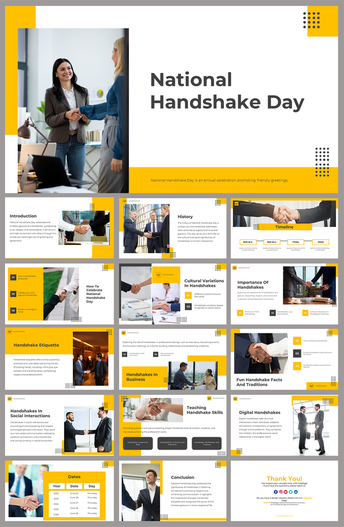 National handshake day, featuring sections on history, etiquette, and cultural variations, with yellow accents.
