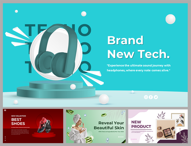 Tech product demo slide deck with headphones on a blue background, featuring shoes and beauty products.