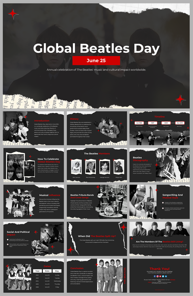 Beatles themed slide pack with black and white photos, red details, and segments on musical influence, members, and history.