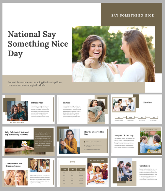 National Say Something Nice Day slide deck with beige theme, smiling people visuals, and placeholder text areas.