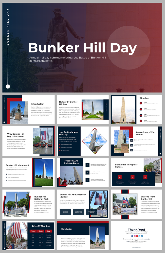 A pack of Bunker Hill day slides featuring various related images with text descriptions.