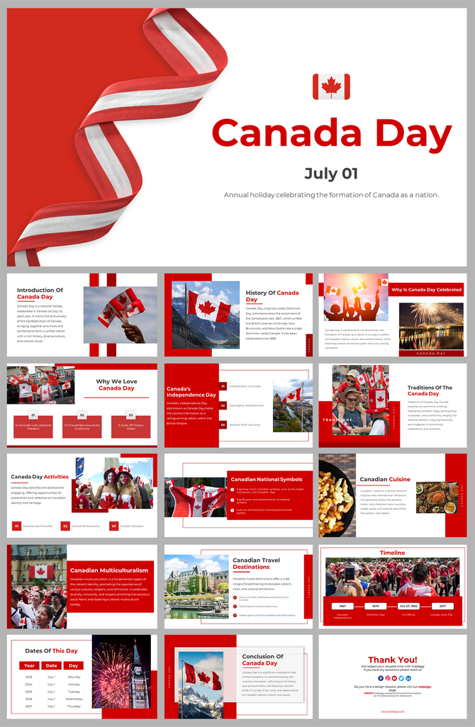 A pack of red themed canada day slides highlighting the history, traditions, and activities with images and descriptions.
