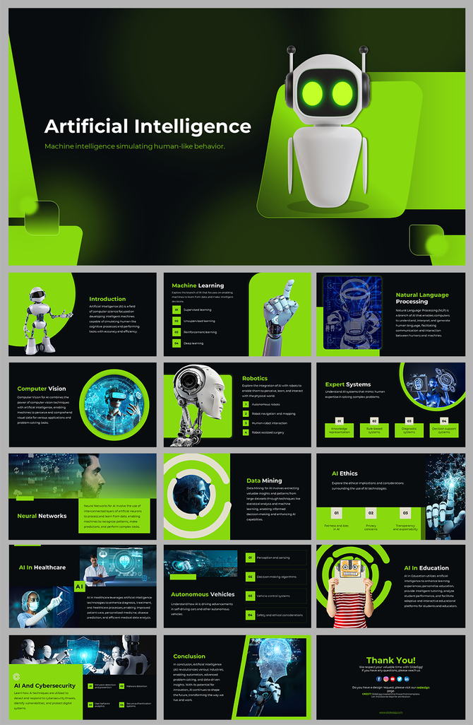 Artificial intelligence slide deck featuring green and black theme, showing machine learning, robotics, and data mining.
