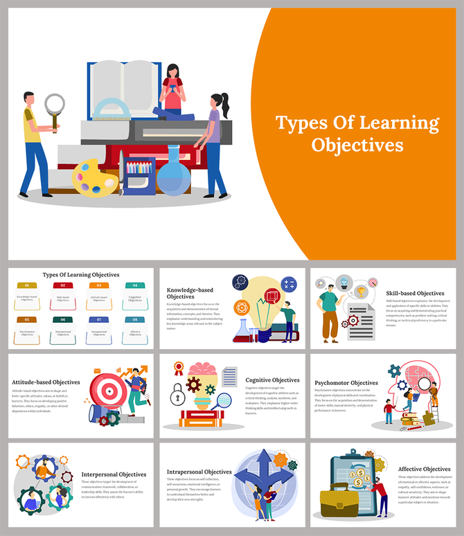 Types of learning objectives slides featuring various categories and layout designs and icons with text descriptions.