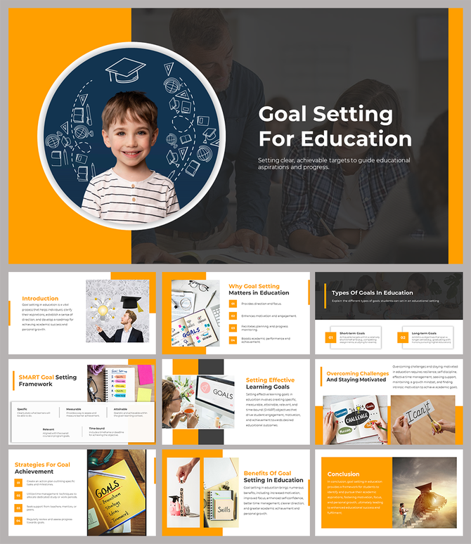 Goal setting for education slide deck with an image of a child surrounded by icons, next to a title and caption areas.