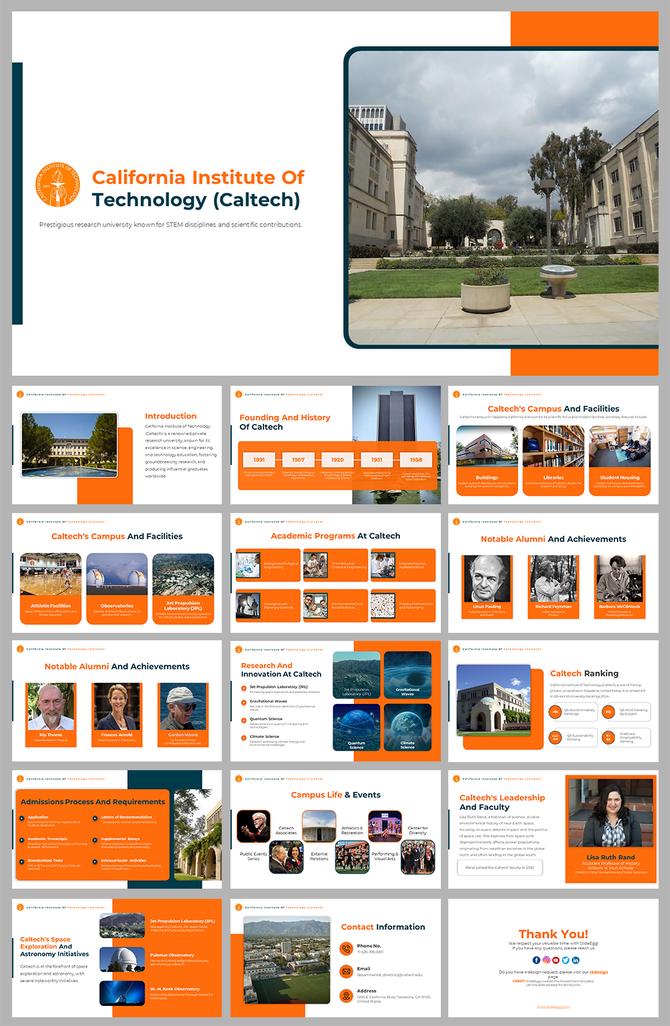 California institute of technology slides covering its history, campus, and notable alumni with different layout designs.