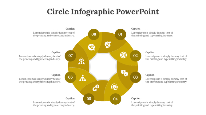 Yellow circle infographic PowerPoint template featuring eight numbered sections with icons and captions for each step.