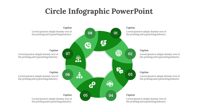 Green circular diagram with numbered sections, each featuring a icon representing business functions, with caption areas.