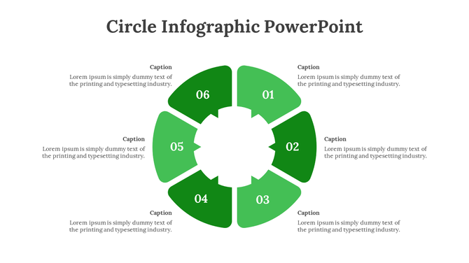 Infographic with six green sections in a circle, each labeled with numbers and containing space for descriptive text.