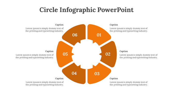 Orange segmented circle infographic with six sections, arranged around an empty center, with captions placed around it.