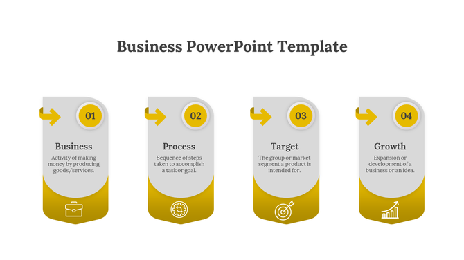 Business PowerPoint template showing four steps from Business, Process, Target, and Growth with icons.
