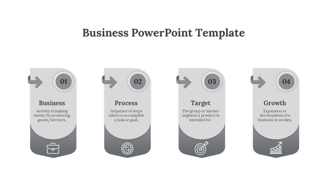 Four gray vertical panels with rounded tops, icons, and text for business steps on a white background.