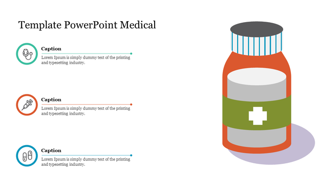 Template with a medical theme, showing a pill bottle illustration and three captions with healthcare-related icons.