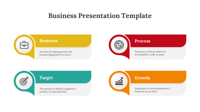 Business slide with four colorful horizontal banners featuring icons inside circles and labeled sections with short text.