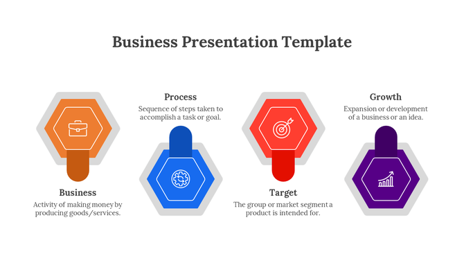 Business layout with four hexagons featuring white icons and bold labels below, aligned horizontally on a white background.