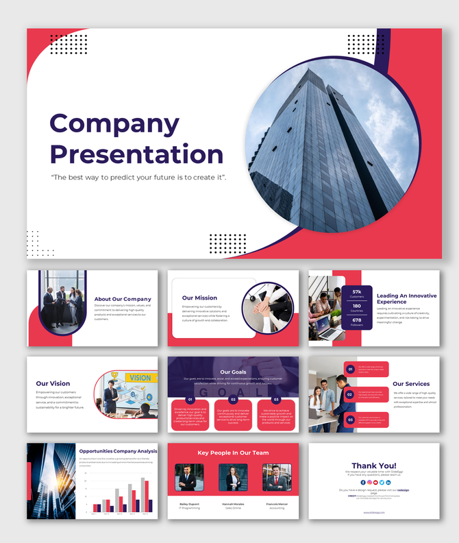 Slide deck in red and white with images and infographics, covering company goals, mission, services, and team profiles.